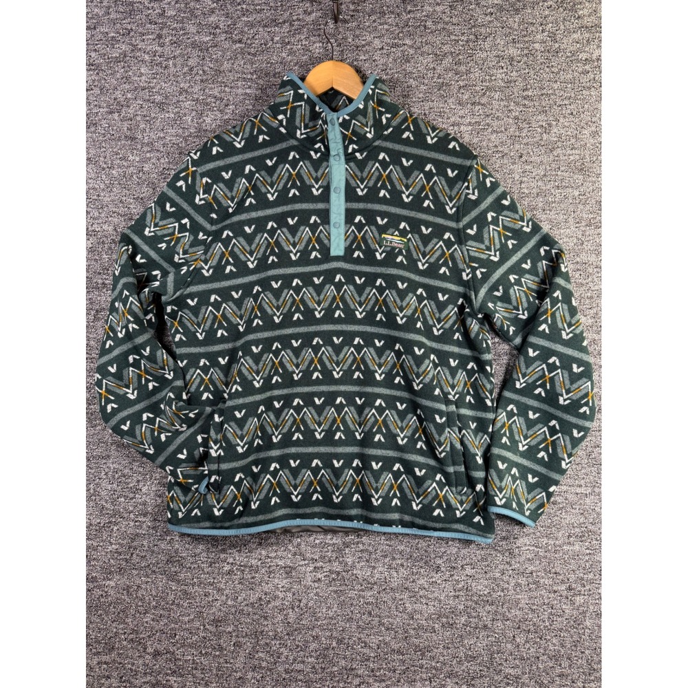 LL Bean Mens XL Sweater Fleece Pullover Dark Green Geometric Snap Mock Neck